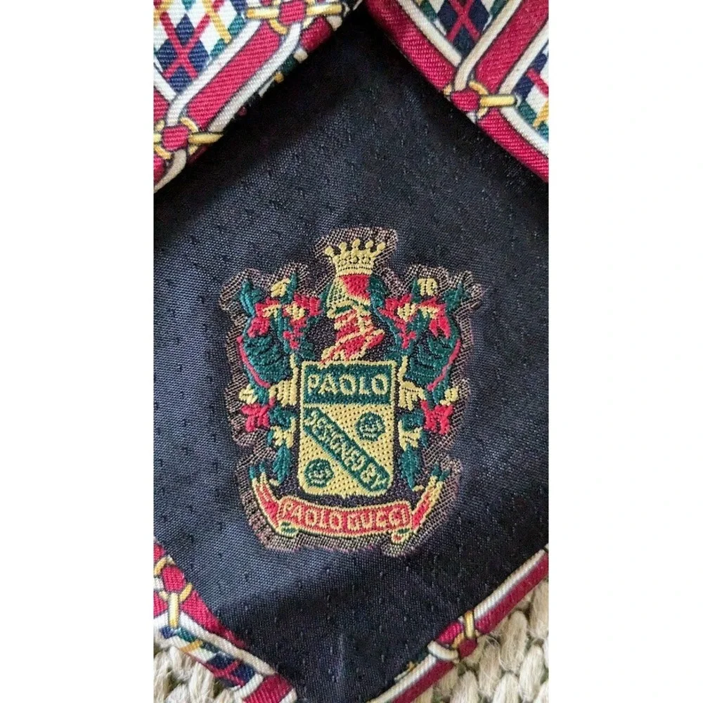 VINTAGE Paolo Gucci ITALY Men's Red Geometric Plaid Pattern Silk Neck Tie Luxury
